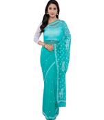 Ada Hand Embroidered Green Faux Georgette Lucknow Chikan Saree With Blouse