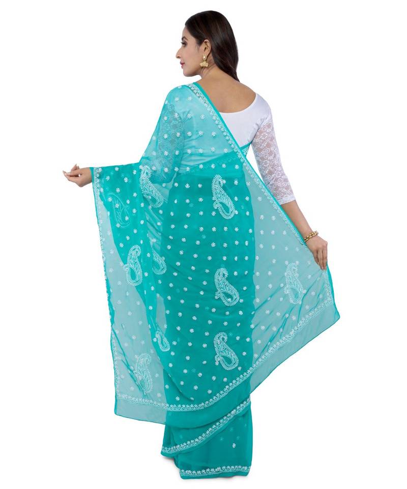 Ada Hand Embroidered Green Faux Georgette Lucknow Chikan Saree With Blouse