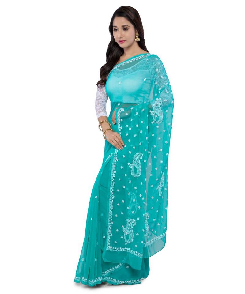 Ada Hand Embroidered Green Faux Georgette Lucknow Chikan Saree With Blouse