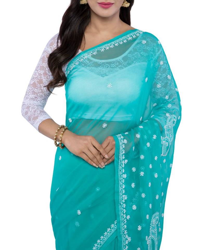 Ada Hand Embroidered Green Faux Georgette Lucknow Chikan Saree With Blouse
