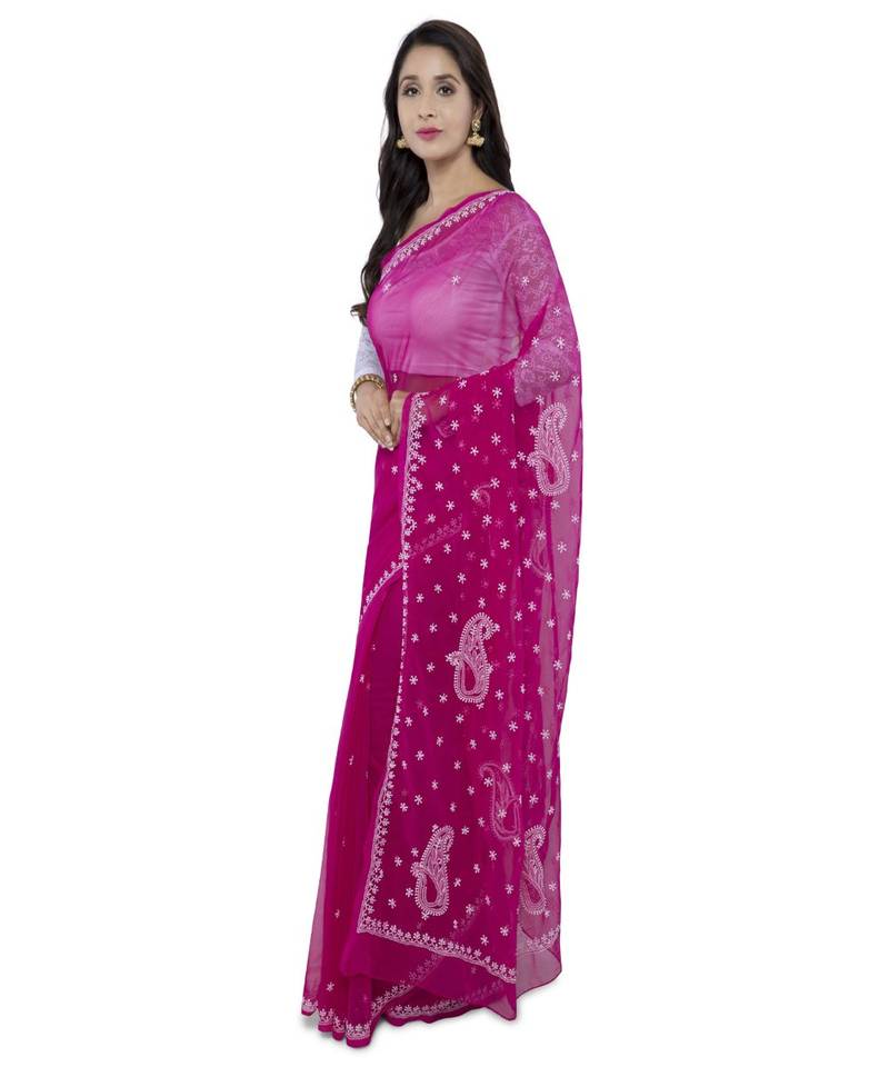 Ada Hand Embroidered Magenta Faux Lucknow Chikan Saree With