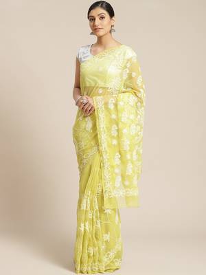 Ada Hand Embroidered Mehndi Green Faux Georgette Lucknow Chikan Women Saree With Blouse - A452091 1