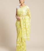 Ada Hand Embroidered Mehndi Green Faux Georgette Lucknow Chikan Women Saree With Blouse - A452091