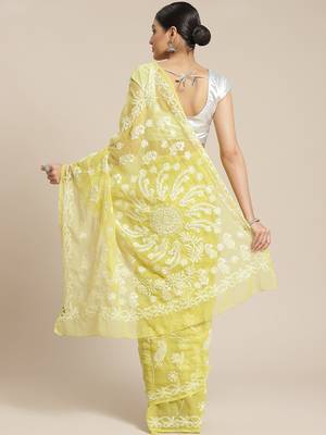 Ada Hand Embroidered Mehndi Green Faux Georgette Lucknow Chikan Women Saree With Blouse - A452091 2