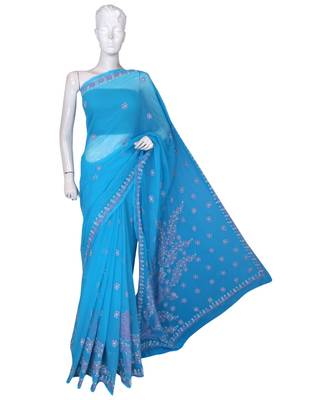 Ada Hand Embroidered Blue Faux Georgette Lucknow Chikankari Saree With Blouse 1