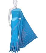 Ada Hand Embroidered Blue Faux Georgette Lucknow Chikankari Saree With Blouse