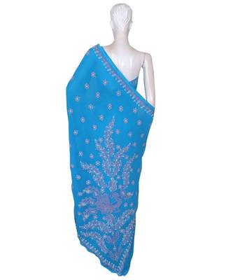 Ada Hand Embroidered Blue Faux Georgette Lucknow Chikankari Saree With Blouse 2