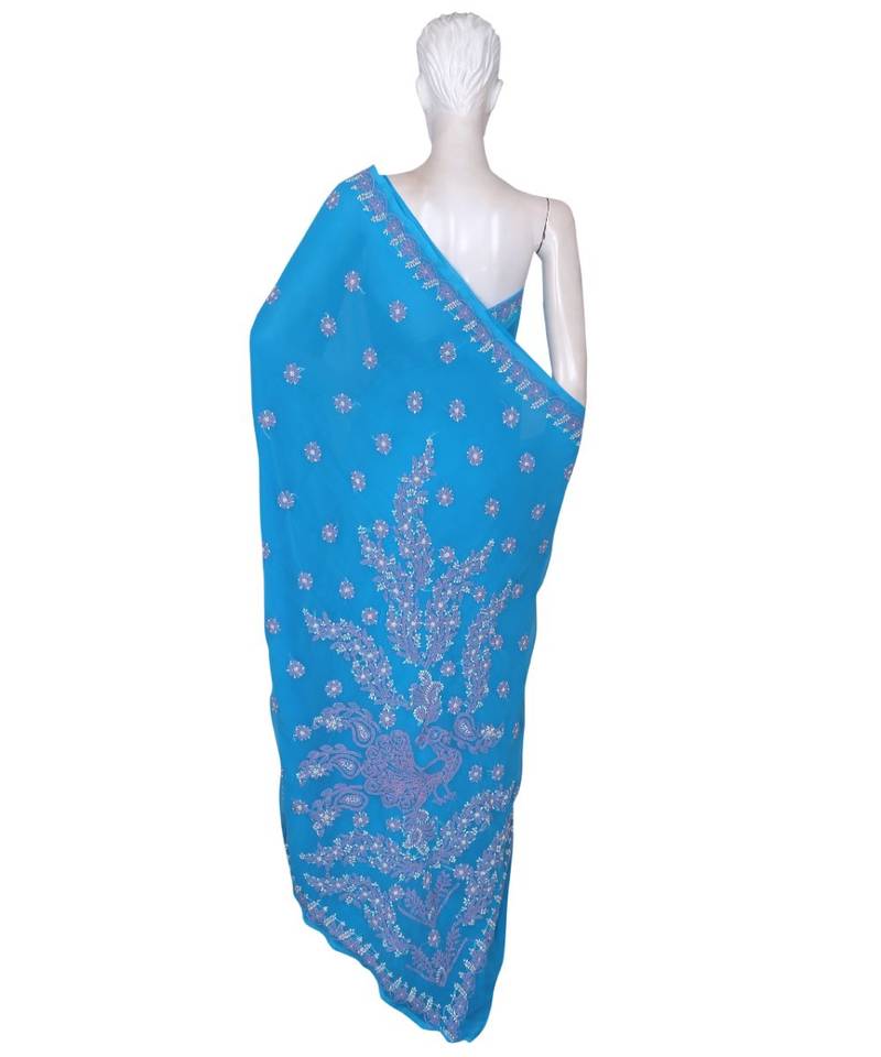 Ada Hand Embroidered Blue Faux Georgette Lucknow Chikankari Saree With Blouse