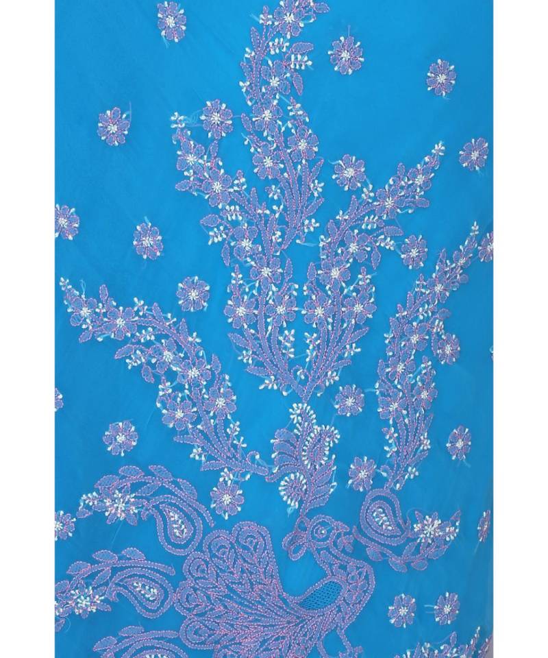 Ada Hand Embroidered Blue Faux Georgette Lucknow Chikankari Saree With Blouse