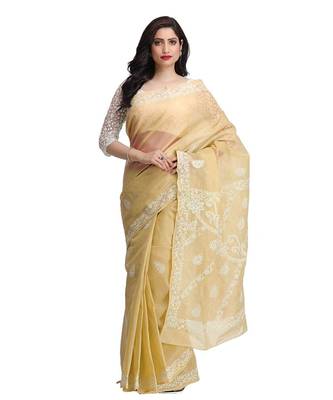 Ada Hand Embroidered Fawn Cotton Lucknow Chikan Saree With Blouse 1
