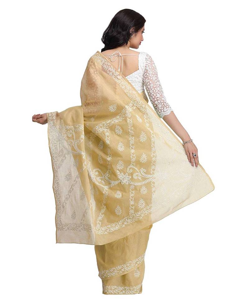 Ada Hand Embroidered Fawn Cotton Lucknow Chikan Saree With Blouse