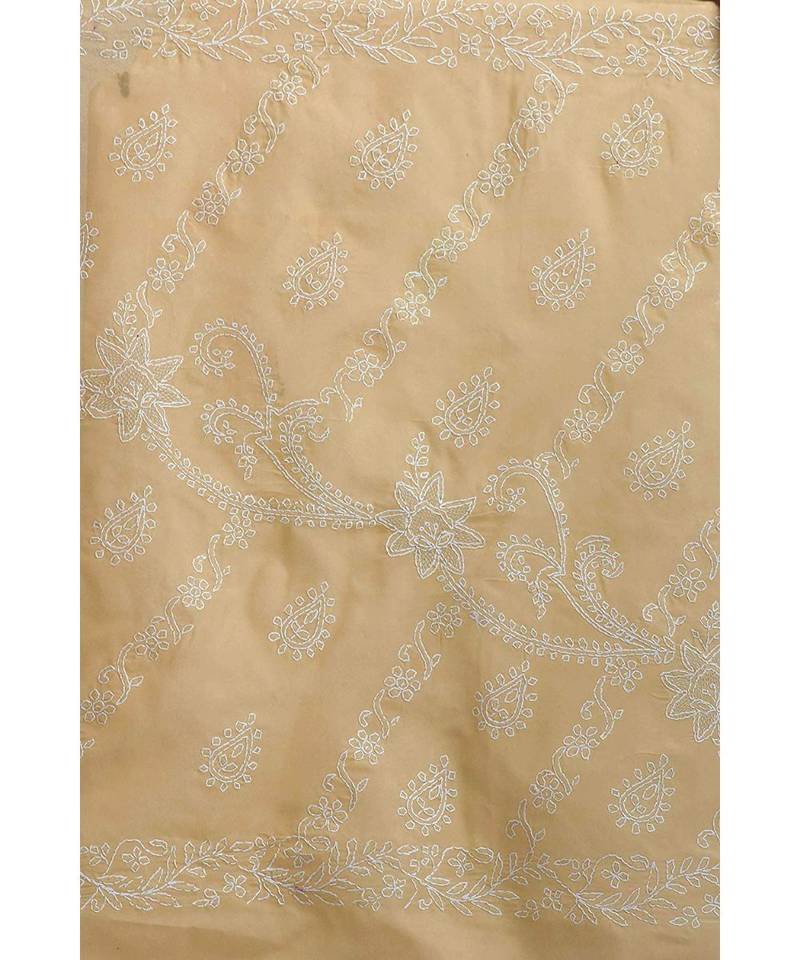 Ada Hand Embroidered Fawn Cotton Lucknow Chikan Saree With Blouse