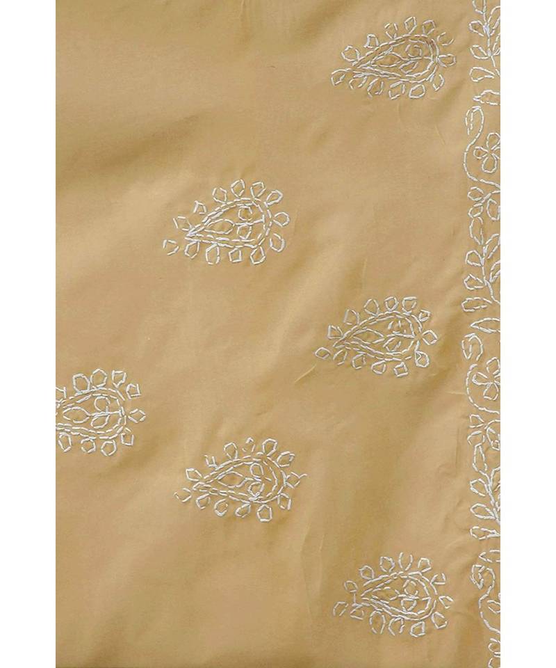 Ada Hand Embroidered Fawn Cotton Lucknow Chikan Saree With Blouse