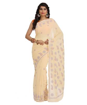 Ada Hand Embroidered Fawn Faux Georgette Lucknow Chikan Women Saree With Blouse - A458822 1