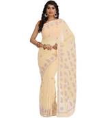 Ada Hand Embroidered Fawn Faux Georgette Lucknow Chikan Women Saree With Blouse - A458822