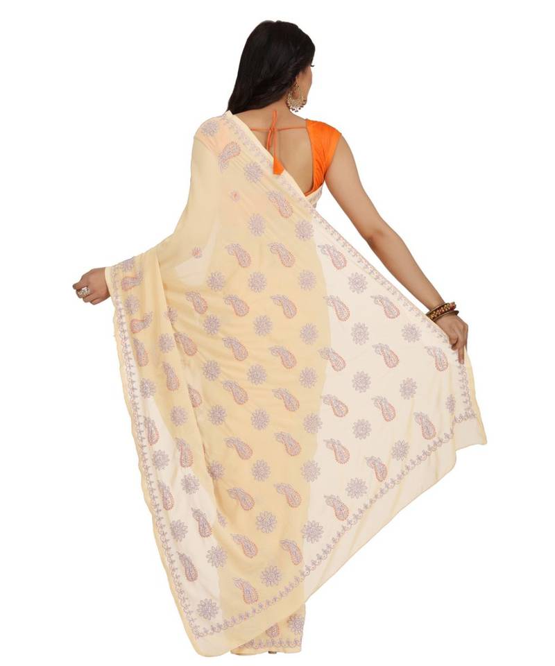Ada Hand Embroidered Fawn Faux Georgette Lucknow Chikan Women Saree With Blouse - A458822