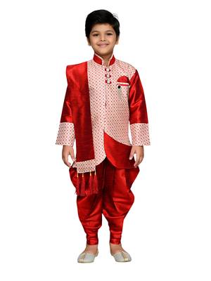 Red woven art silk boys sherwani 1