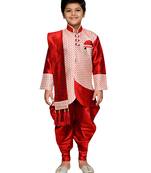 Red woven art silk boys sherwani