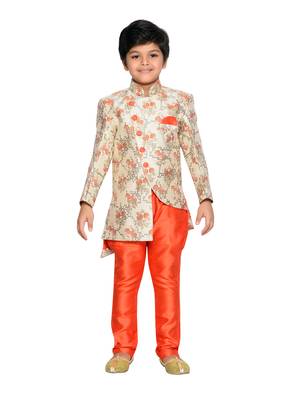 Beige woven art silk boys sherwani 1
