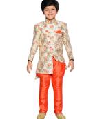 Beige woven art silk boys sherwani