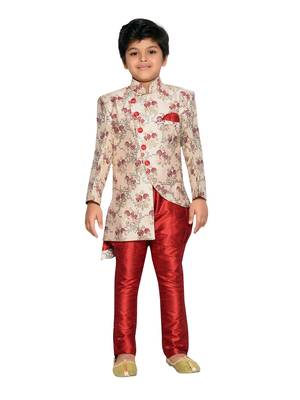 Beige woven art silk boys sherwani 1