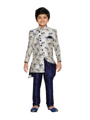 Beige woven art silk boys sherwani 1