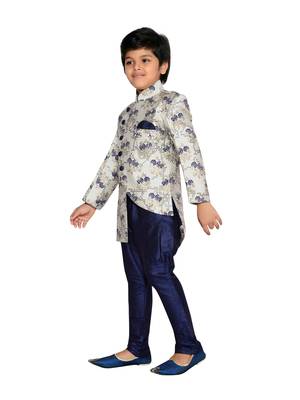 Beige woven art silk boys sherwani 2