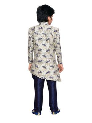 Beige woven art silk boys sherwani 3