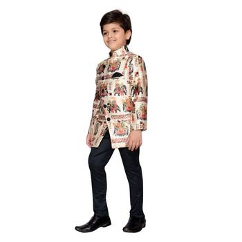 Beige printed satin boys indo western dress 3