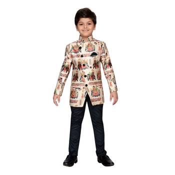 Beige printed satin boys indo western dress 1