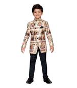Beige printed satin boys indo western dress