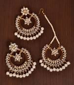 Off-White Pearled Kundan Embellished Dangler Earrings cum Tikka for Women