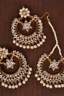 Off-White Pearled Kundan Embellished Dangler Earrings cum Tikka Set for Women