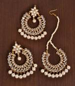 Off-White Pearled Kundan Embellished Dangler Earrings cum Tikka 