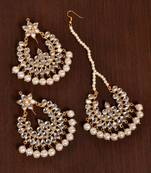 Gold Plated Off-White Pearled Kundan Embellished Dangler Earrings cum Tikka Set for Women
