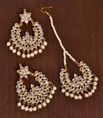 Gold Plated Off-White Pearled Kundan Embellished Dangler Earrings cum Tikka Set 