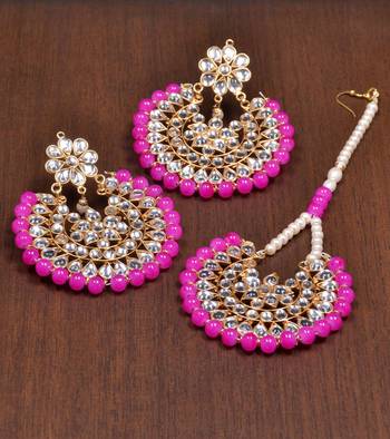 Magenta Beaded Kundan Embellished Darngler Earrings cum Tikka Set 1