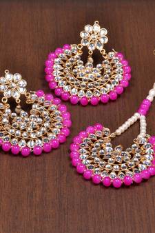 Magenta Beaded Kundan Embellished Darngler Earrings cum Tikka Set