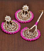 Magenta Beaded Kundan Embellished Darngler Earrings cum Tikka Set
