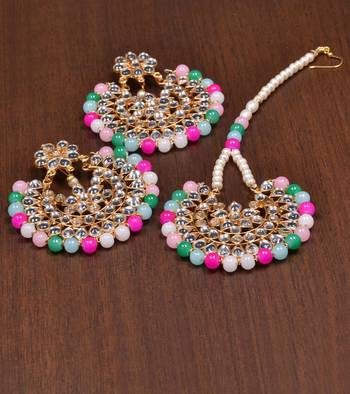Multi Beaded Kundan Embellished Darngler Earrings cum Tikka Set 1
