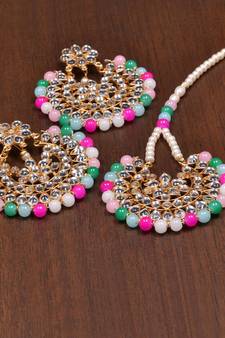 Multi Beaded Kundan Embellished Darngler Earrings cum Tikka Set