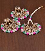 Multi Beaded Kundan Embellished Darngler Earrings cum Tikka Set