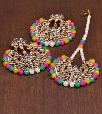 Multicolored Kundan Embellished Darngler Earrings cum Tikka Set 1