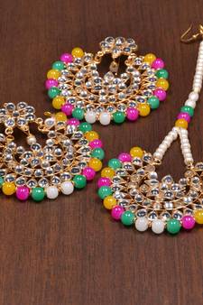 Multicolored Kundan Embellished Darngler Earrings cum Tikka Set