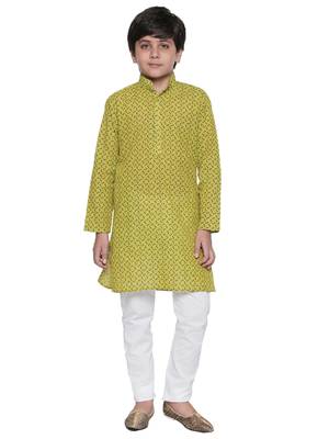Green printed cotton boys-kurta-pyjama 1