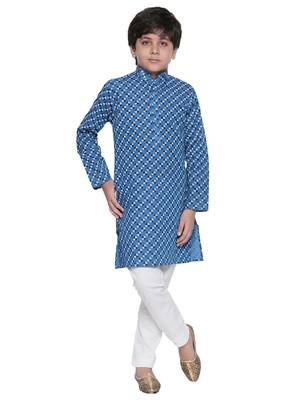 Blue printed cotton boys-kurta-pyjama 1