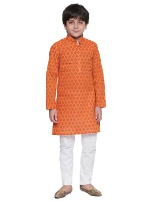 Orange printed cotton boys-kurta-pyjama 1
