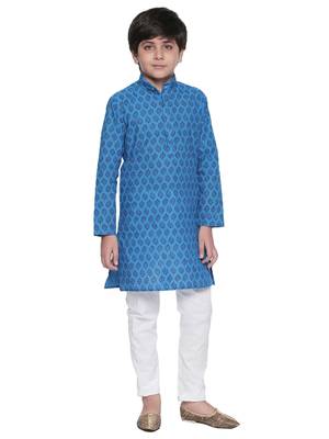 Blue printed cotton boys-kurta-pyjama 1