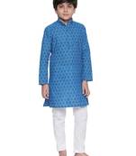 Blue printed cotton boys-kurta-pyjama