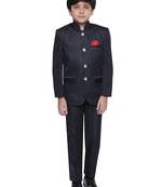 Blue plain blended cotton boys indo western dress